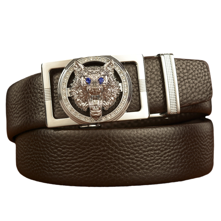 Men's cowhide leather belt wolf pattern automatic buckle belt, cowhide belt, simple fashion waistband