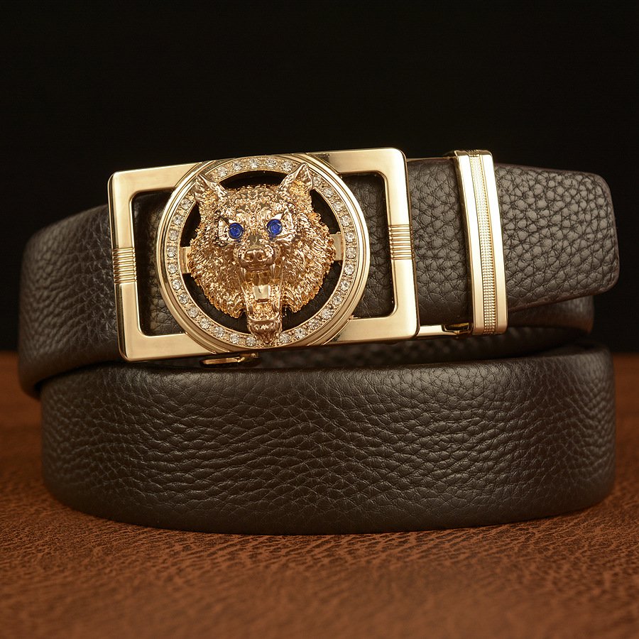 Men's cowhide leather belt wolf pattern automatic buckle belt, cowhide belt, simple fashion waistband