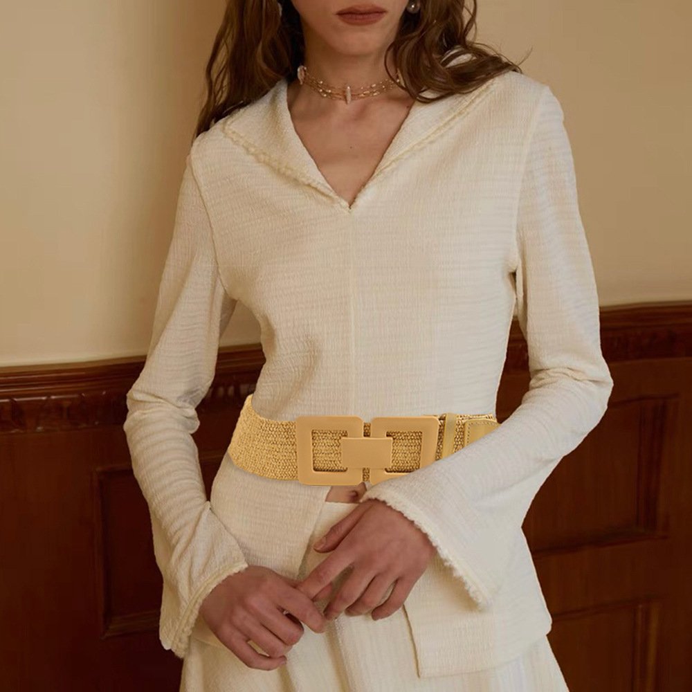 RW 2024 Summer Fashion 2" Wide Elastic Straw Waist Belt With Round Buckle Women Straw Woven Stretch Elastic Belt For Dresses