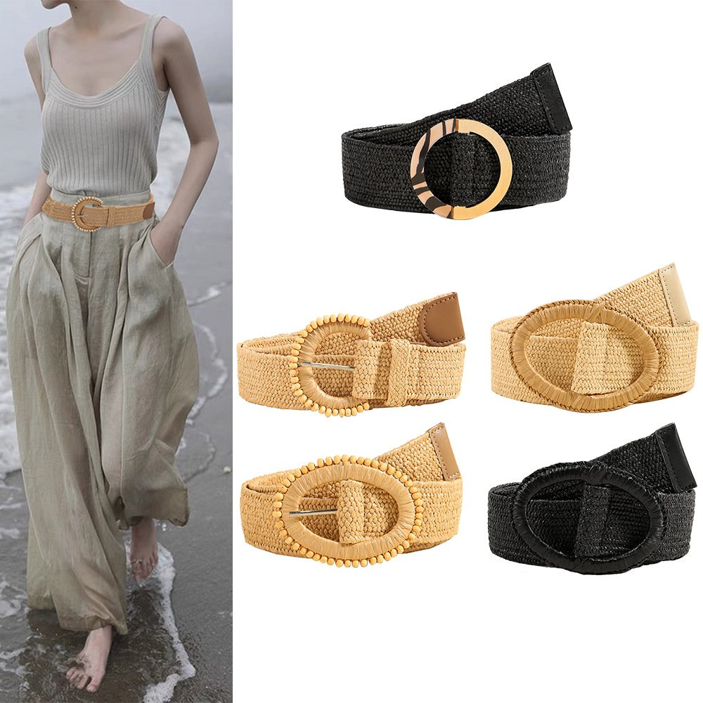 RW 2024 Summer Fashion 2" Wide Elastic Straw Waist Belt With Round Buckle Women Straw Woven Stretch Elastic Belt For Dresses