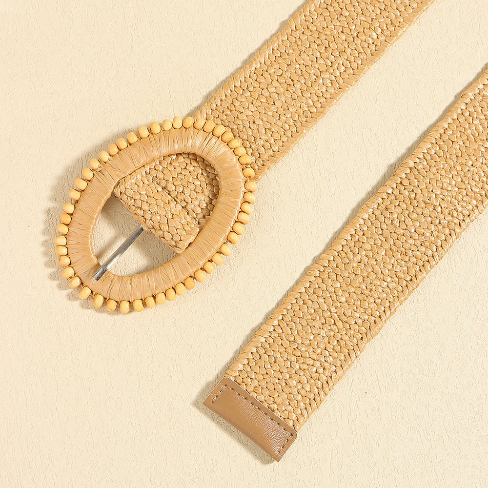 RW 2024 Summer Fashion 2" Wide Elastic Straw Waist Belt With Round Buckle Women Straw Woven Stretch Elastic Belt For Dresses