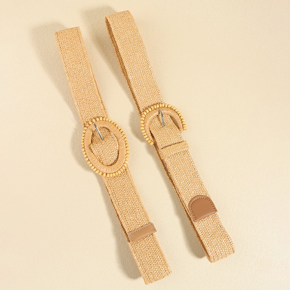 RW 2024 Summer Fashion 2" Wide Elastic Straw Waist Belt With Round Buckle Women Straw Woven Stretch Elastic Belt For Dresses