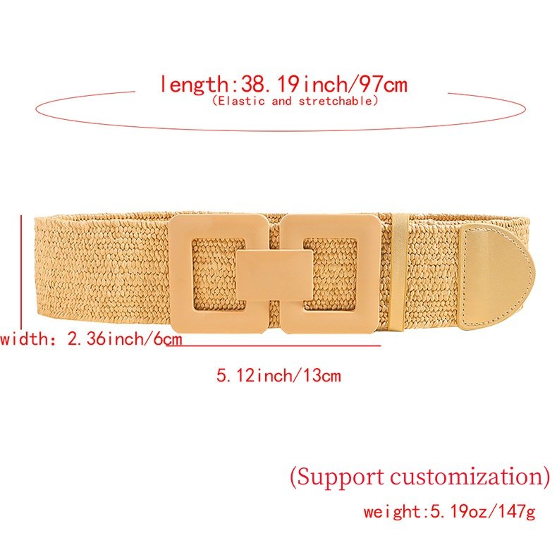 RW 2024 Summer Fashion 2" Wide Elastic Straw Waist Belt With Round Buckle Women Straw Woven Stretch Elastic Belt For Dresses