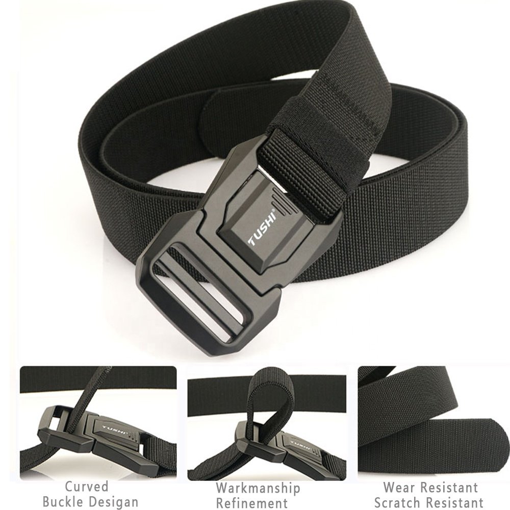 TUSHI Customized polyester fiber elastic belt with tactical Quick release of metal automatic buckle pants strap wholesale