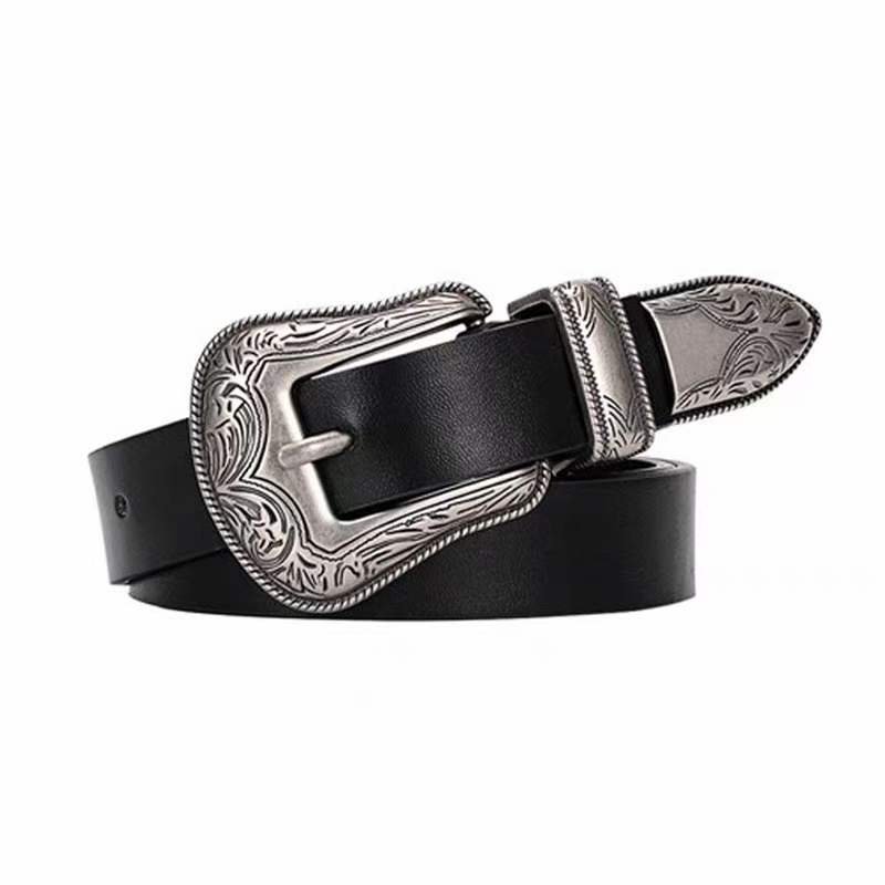 Zinc Alloy 3 Piece Western Silver Flower Engraved Belt Buckle Sets For Women with high quality