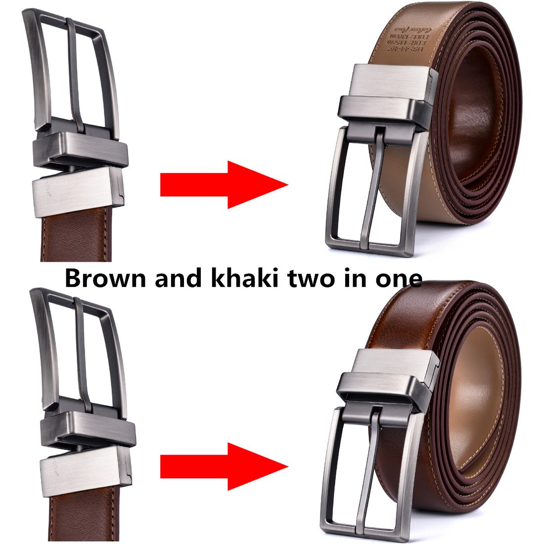 Dress Leather Belt for Man New Design 3.2CM Brown and Khaki Reversible Genuine Leather Belts for Men with Rotated Buckle
