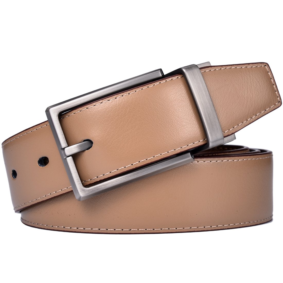 Dress Leather Belt for Man New Design 3.2CM Brown and Khaki Reversible Genuine Leather Belts for Men with Rotated Buckle