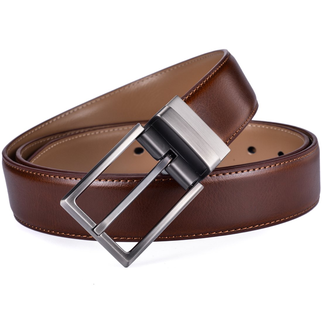 Dress Leather Belt for Man New Design 3.2CM Brown and Khaki Reversible Genuine Leather Belts for Men with Rotated Buckle