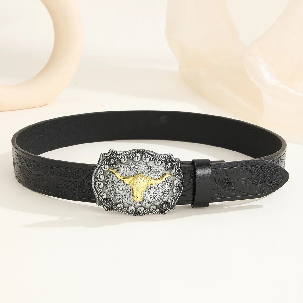 New Fashion Embossed Leather Belt with Animal Buckle Floral Engraved PU Leather Cowboy Cowgirl Belt with Longhorn Bull Buckle