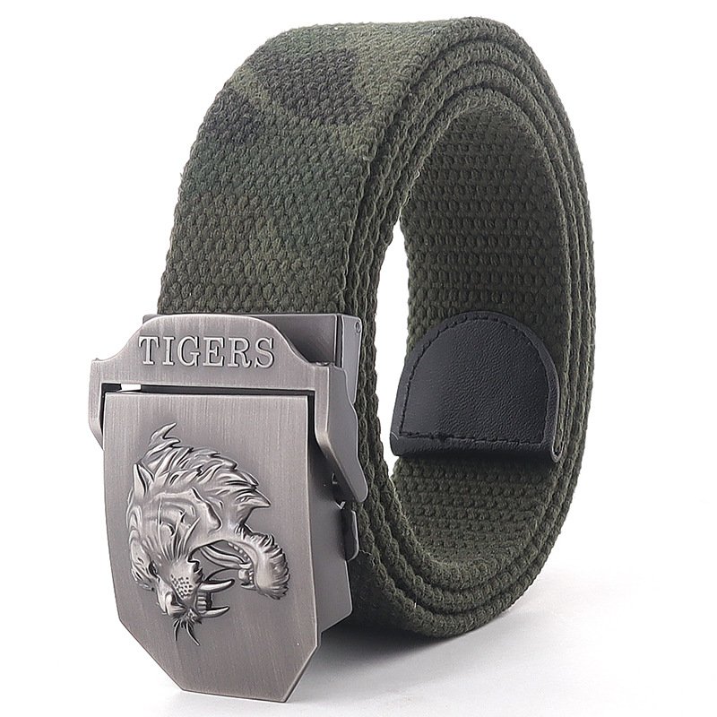 Manufacturers Customized Logo Canvas Fabric Metal Tiger Head Buckle Lengthened Belt Youth Outdoor Trousers Canvas Tactical Belt