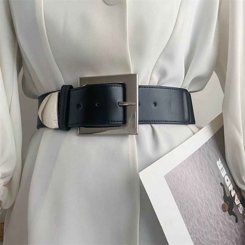 Fashionable Square Pin Buckle Black PU Corset Waist Belt Wide Lady with Geometric Metal Buckle