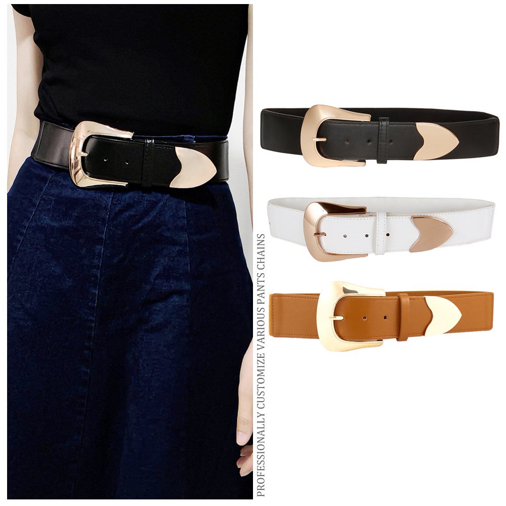 Fashionable Square Pin Buckle Black PU Corset Waist Belt Wide Lady with Geometric Metal Buckle