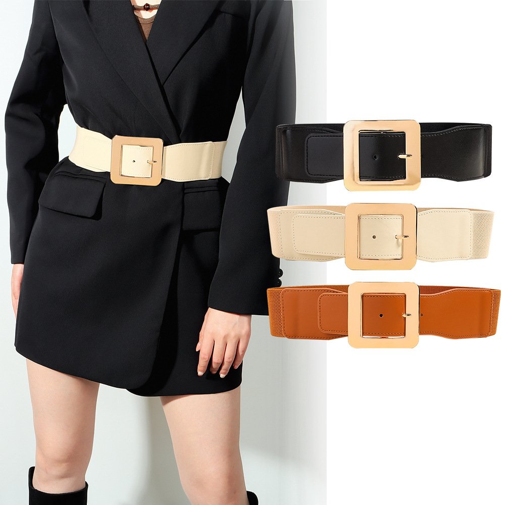 Fashionable Square Pin Buckle Black PU Corset Waist Belt Wide Lady with Geometric Metal Buckle