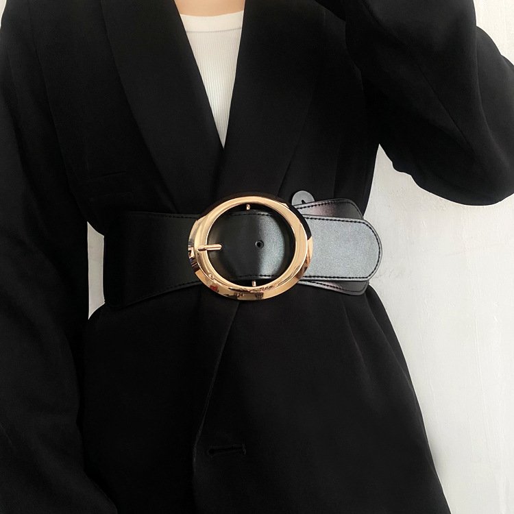 Fashionable Square Pin Buckle Black PU Corset Waist Belt Wide Lady with Geometric Metal Buckle