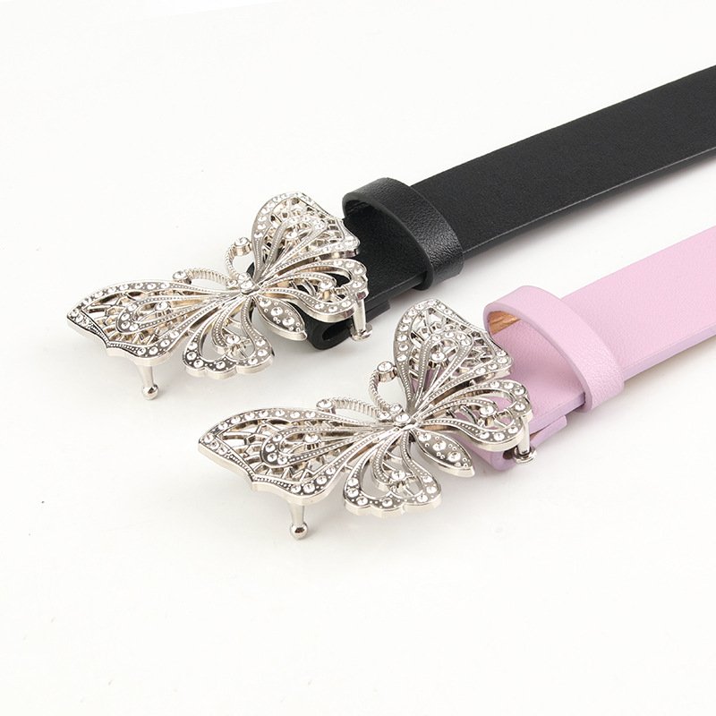 Hot sell Factory Rhinestone Butterfly Silver Buckle Belts Women's PU Leather Belts for Jeans Dresses Fashion Ladies Belt