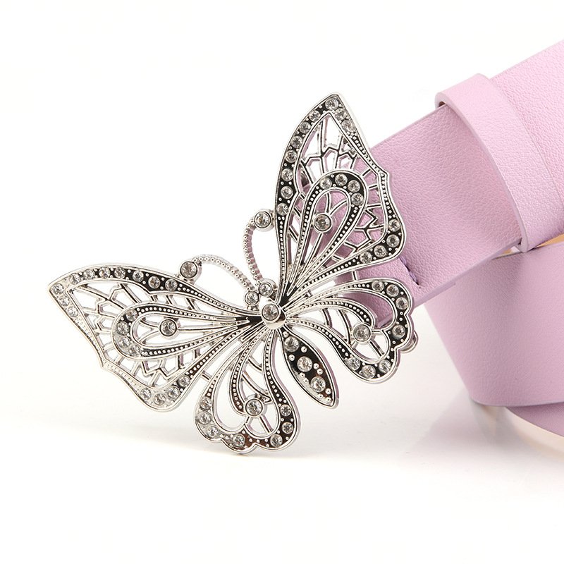 Hot sell Factory Rhinestone Butterfly Silver Buckle Belts Women's PU Leather Belts for Jeans Dresses Fashion Ladies Belt