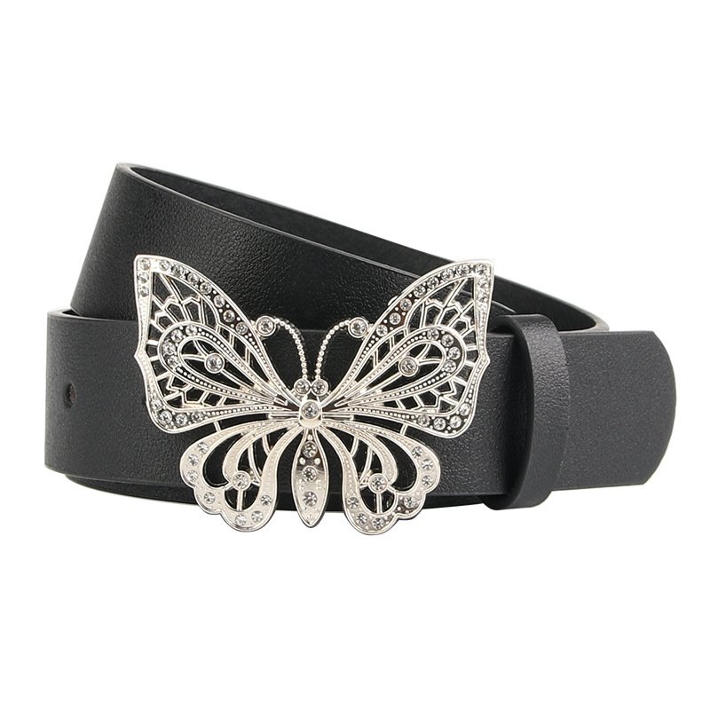 Hot sell Factory Rhinestone Butterfly Silver Buckle Belts Women's PU Leather Belts for Jeans Dresses Fashion Ladies Belt