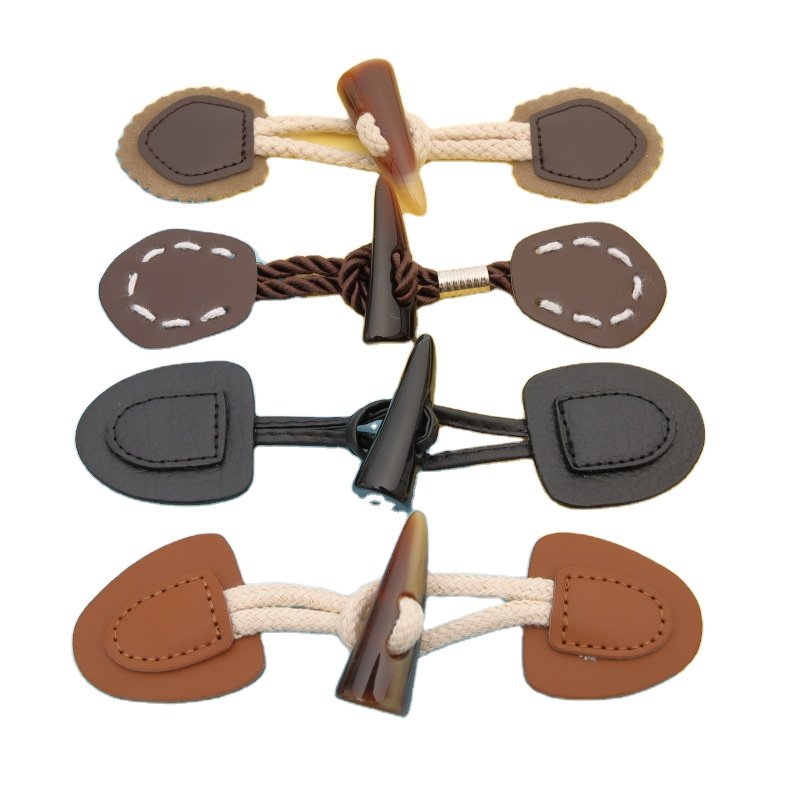 Duffle Coat Jacket Fasteners Toggle with Leather Patch Buckle Buttons Horn Buttons for Overcoat Decor Sewing Accessories