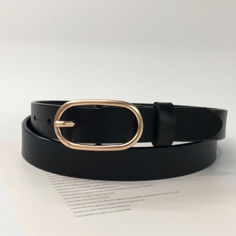 Hot Selling Black Genuine Leather Belts for Women New Clothing Decoration Gold Metal Buckle Plain Belt Accessory for Girls