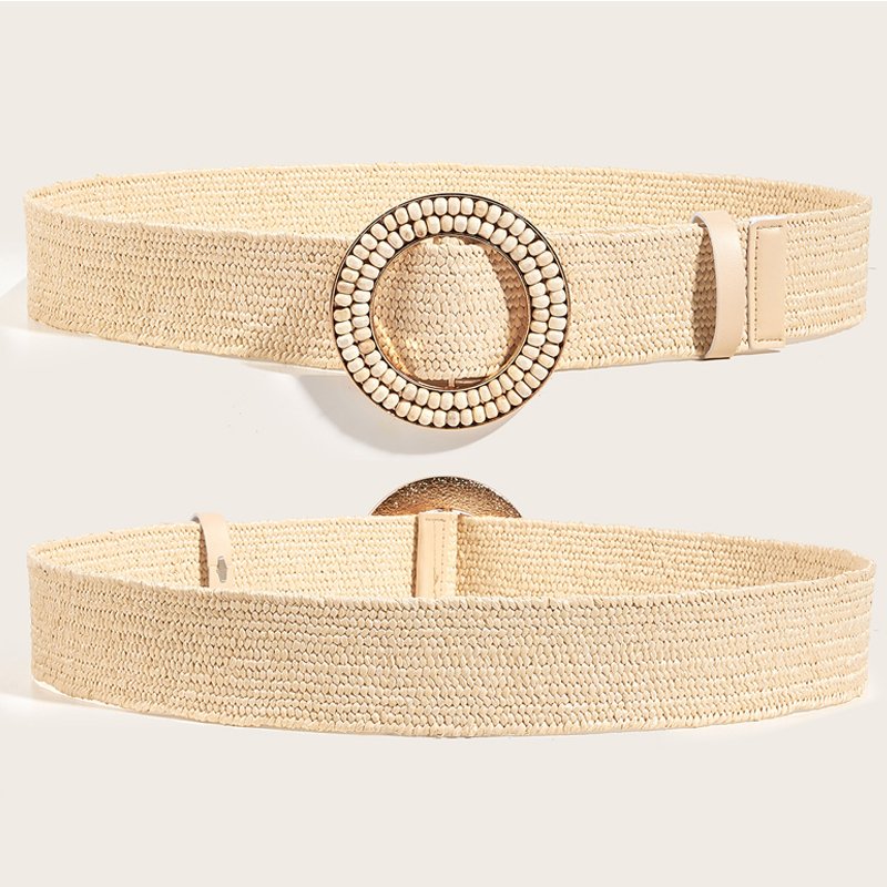 REWIN Bohemian Double Layer Beads Round Buckle Stretch Waist Band Braided Ladies Elastic Leather PP Straw Belts Woman