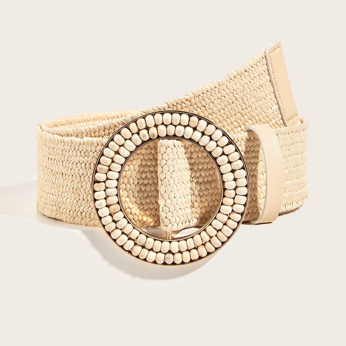 REWIN Bohemian Double Layer Beads Round Buckle Stretch Waist Band Braided Ladies Elastic Leather PP Straw Belts Woman