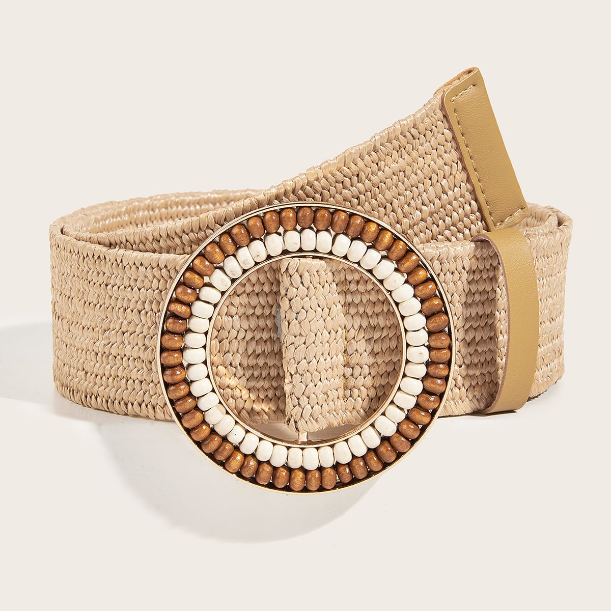 REWIN Bohemian Double Layer Beads Round Buckle Stretch Waist Band Braided Ladies Elastic Leather PP Straw Belts Woman