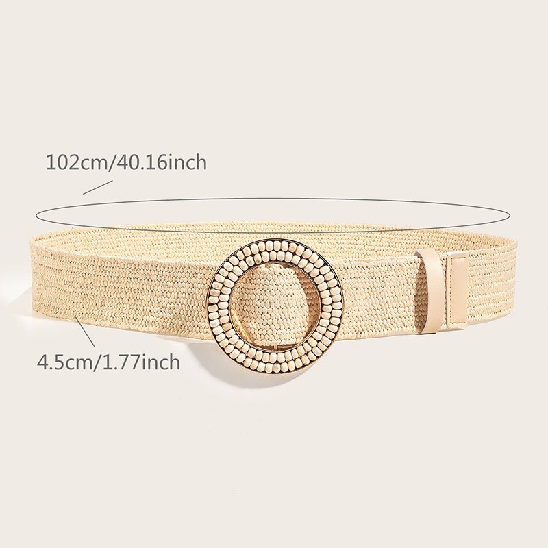 REWIN Bohemian Double Layer Beads Round Buckle Stretch Waist Band Braided Ladies Elastic Leather PP Straw Belts Woman