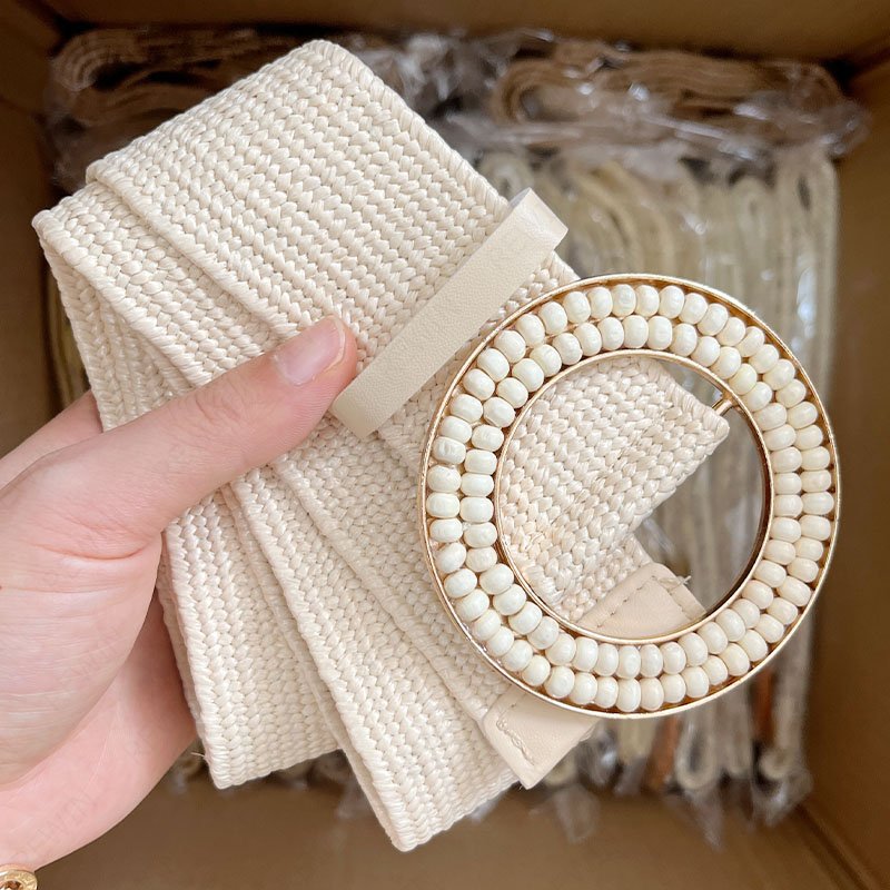 REWIN Bohemian Double Layer Beads Round Buckle Stretch Waist Band Braided Ladies Elastic Leather PP Straw Belts Woman