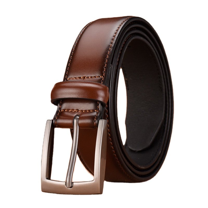 Stock Men's Genuine Cowhide Leather Business Belt with Durable Alloy Material Pin Buckle and Perforated Design