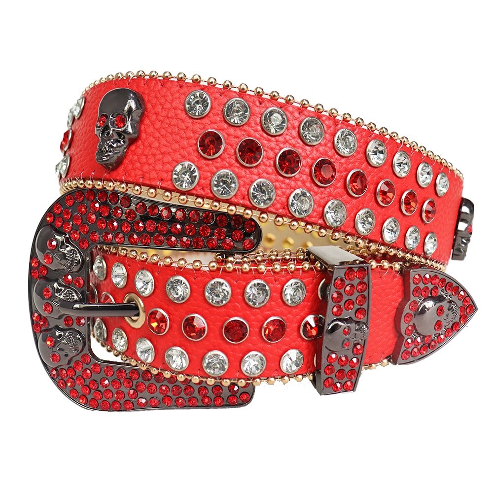 Western Cowboy Bling BB Men's Diamond Rhinestone Studded Belt Custom Skull Buckle Crystal Belt Adult PU Material Silver Alloy