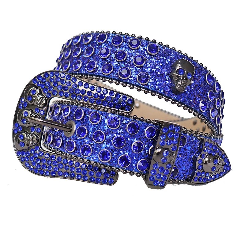Western Cowboy Bling BB Men's Diamond Rhinestone Studded Belt Custom Skull Buckle Crystal Belt Adult PU Material Silver Alloy