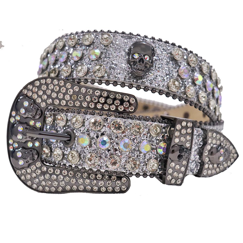 Western Cowboy Bling BB Men's Diamond Rhinestone Studded Belt Custom Skull Buckle Crystal Belt Adult PU Material Silver Alloy