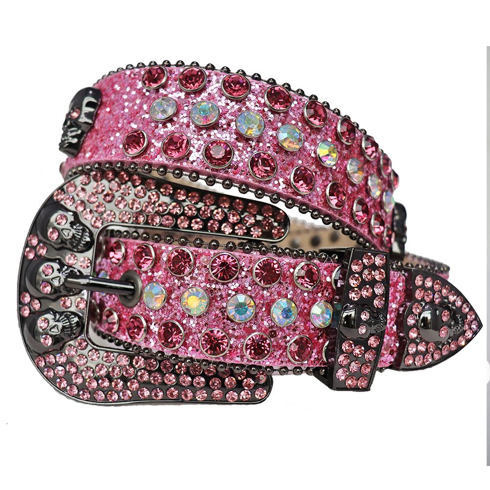 Western Cowboy Bling BB Men's Diamond Rhinestone Studded Belt Custom Skull Buckle Crystal Belt Adult PU Material Silver Alloy