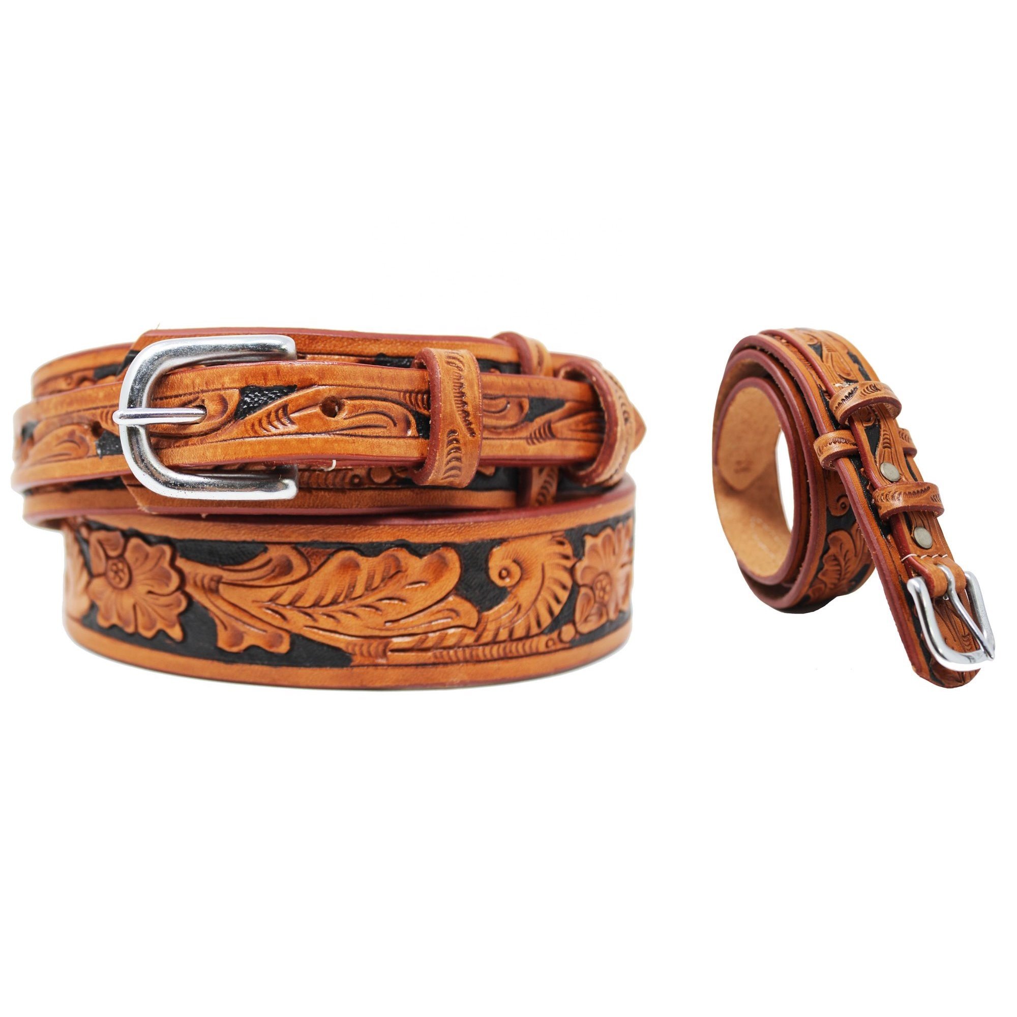 Full Grain Brass Buckle Cowboy Strap Best Cow Leather Western Belt With Floral Hand Tooled Design At Best Price Wholesale