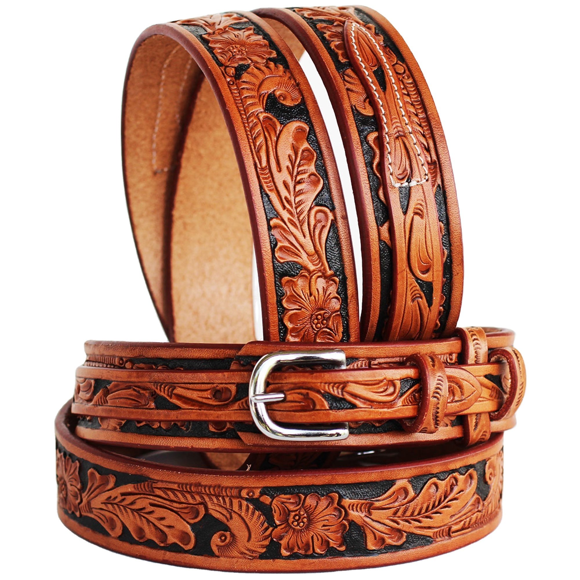 Full Grain Brass Buckle Cowboy Strap Best Cow Leather Western Belt With Floral Hand Tooled Design At Best Price Wholesale