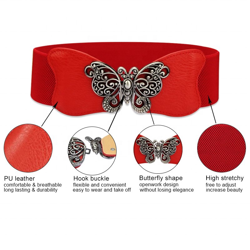 Fashion Women Ladies Dress Decoration Brown Wide Elastic Belts with Butterfly Knot Pair Buckle