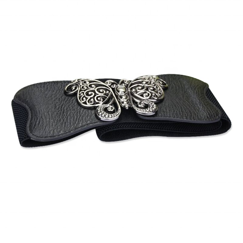 Fashion Women Ladies Dress Decoration Brown Wide Elastic Belts with Butterfly Knot Pair Buckle