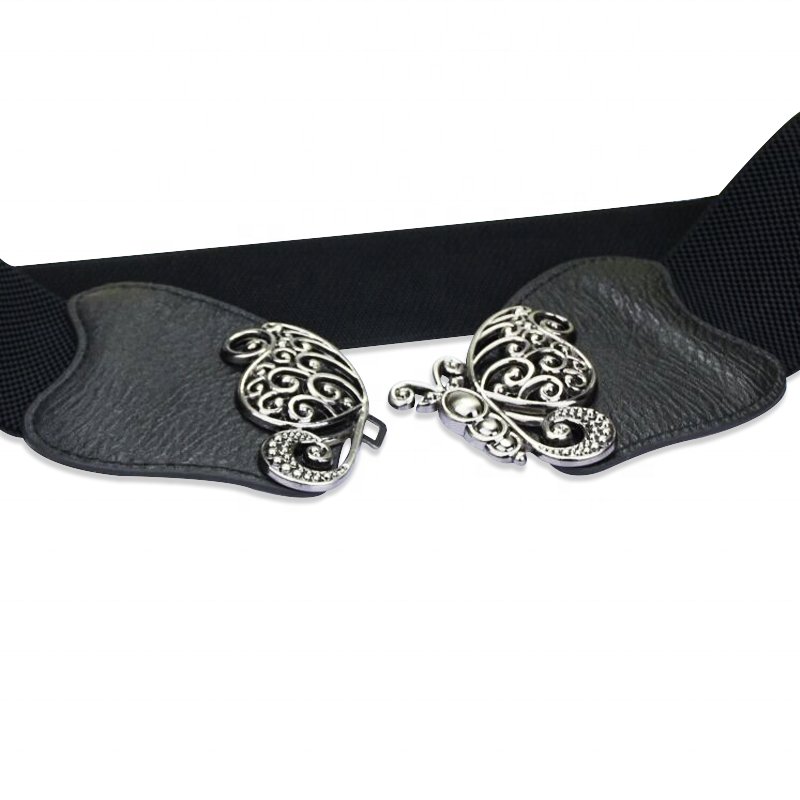 Fashion Women Ladies Dress Decoration Brown Wide Elastic Belts with Butterfly Knot Pair Buckle