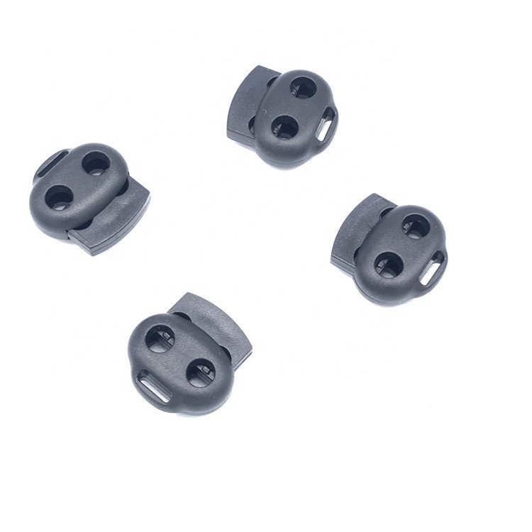 Hot Sale Plastic Double Hole black Diameter 4mm Spring Loaded Adjustable Bag Accessories Toggle Cord End Clip