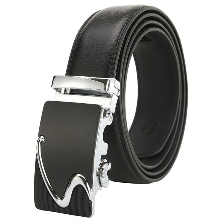 Men's Black Classic Ratchet Genuine Leather Formal Dress Belt with Solid Automatic Buckle