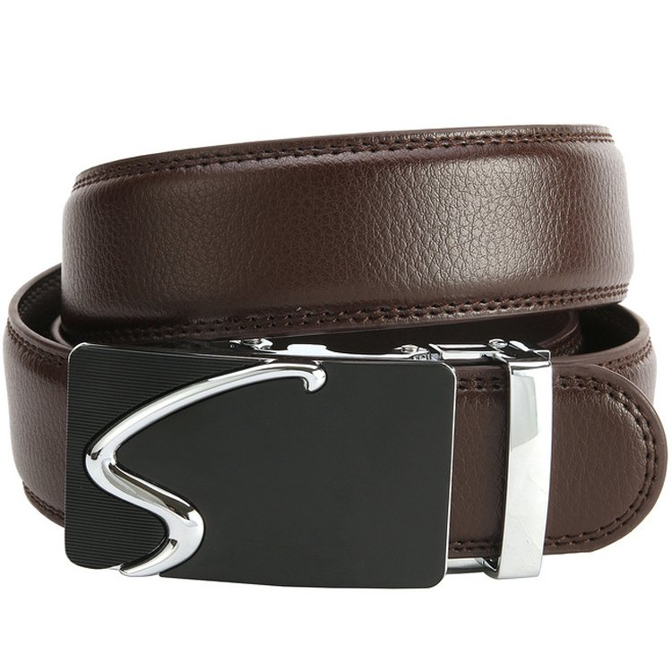 Men's Black Classic Ratchet Genuine Leather Formal Dress Belt with Solid Automatic Buckle