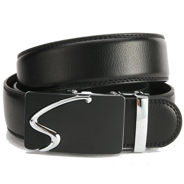 Men's Black Classic Ratchet Genuine Leather Formal Dress Belt with Solid Automatic Buckle