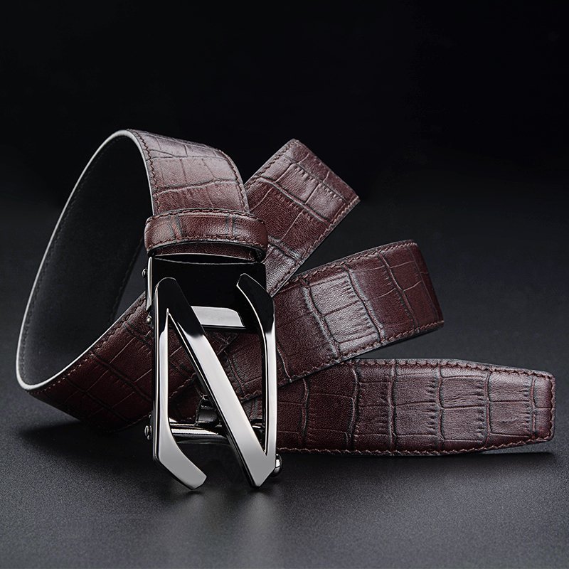 Quilted Men Boys Coffee Genuine Leather Fashion Belts For Men automatic buckle belts for men