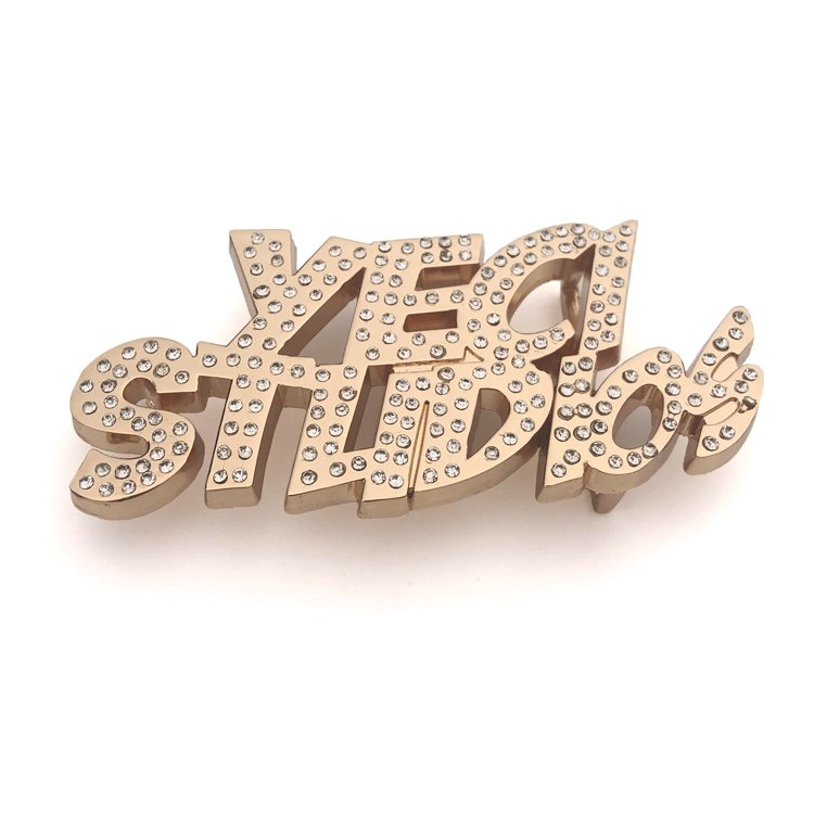 Custom Gold Letter Shape Western Men's Alloy Buckle Your Own Brand Bling Logo Belt Fastener with Rhinestone