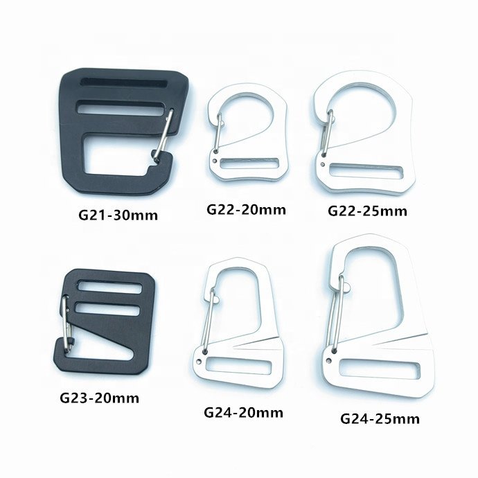 Adjustable Metal Black Aluminium g hook buckle with spring wire gate for bag strap hook 20mm 25mm
