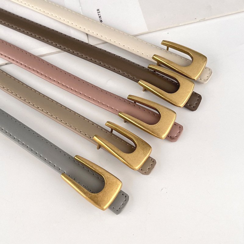 Retro Genuine Leather Thin Belts Gold Buckle Female New Designs Waist Cowhide Belt Decoration Jeans