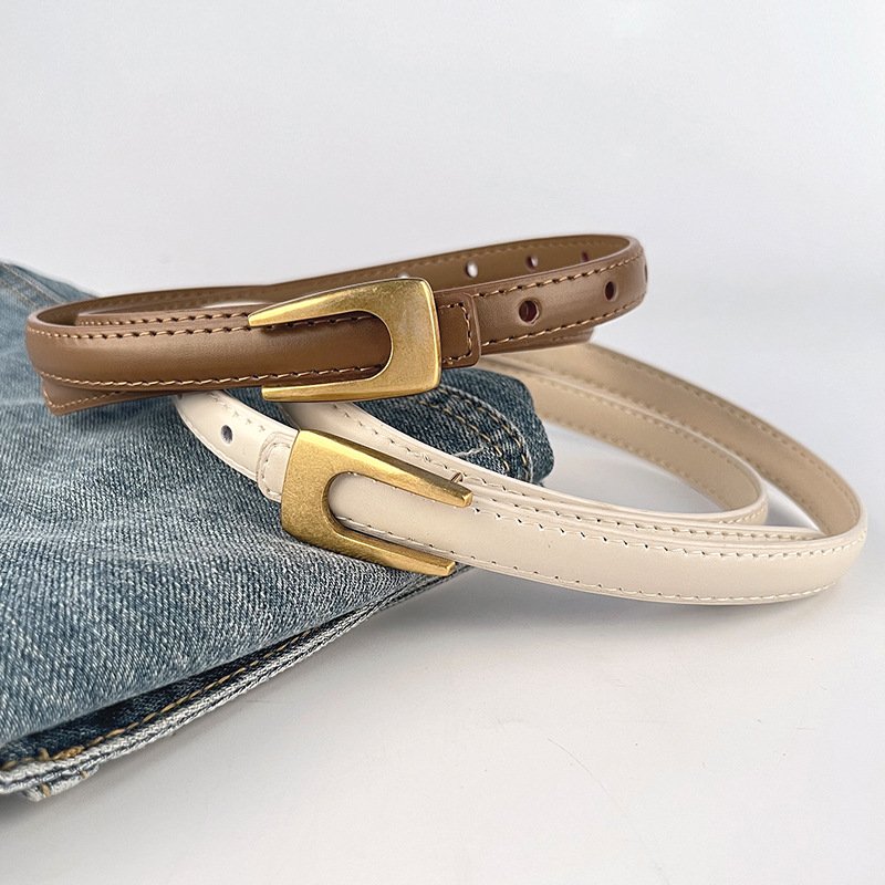Retro Genuine Leather Thin Belts Gold Buckle Female New Designs Waist Cowhide Belt Decoration Jeans