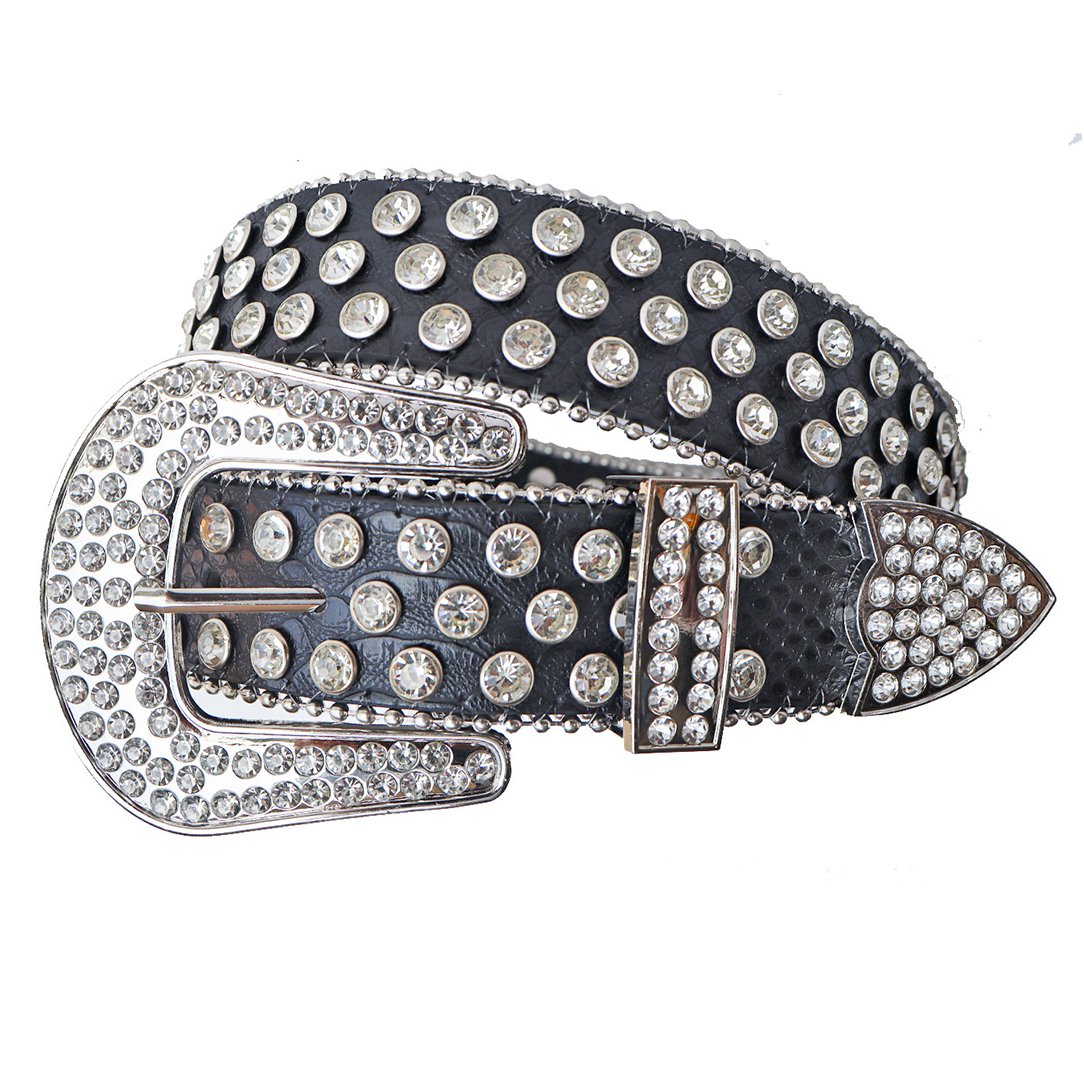 Western Cowboy Bling Bling Crystal Studded Leather PU Belt with Silver Alloy Buckle Diamond Belt for Men Women Jeans Unisex