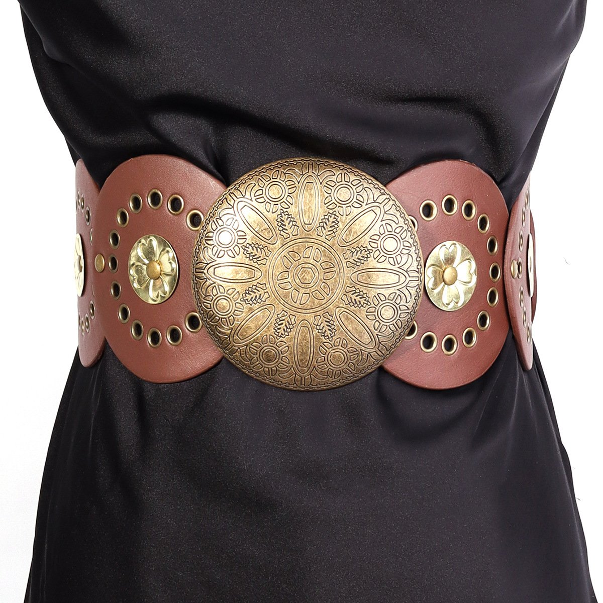 Retro Punk Metal Buckle Big Round Rivet Leather Belt Wide Disk Link Oval Disc Concho PU Leather Belt for Cowboy Cowgirl