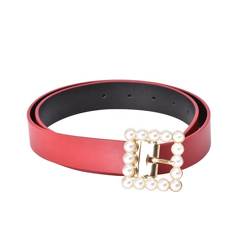 Double C Ring Pin Buckles Ladies PU Leather Pants Fashion Women Pearl Belt trousers ladies belt